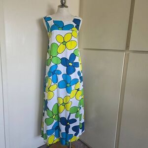 Malahini Designers Collection Hawaii Slvls Drs, Pop Art Floral, Wht/Blue/Grn,VTG